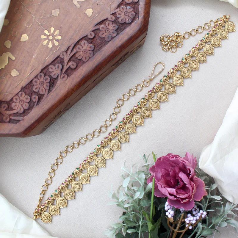 Antique Gold Premium Kemp Lakshmi Coin Bridal Hip Chain